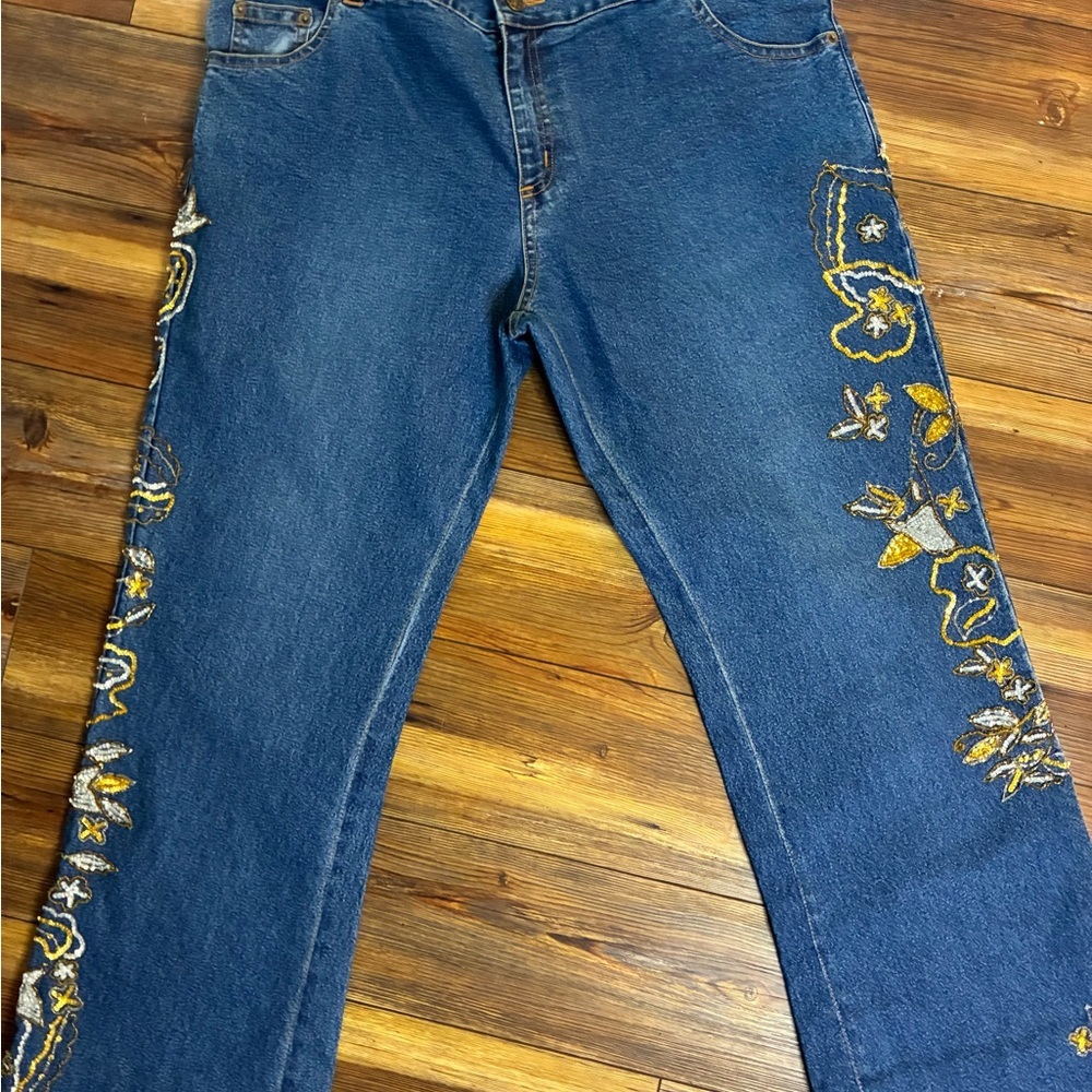 Vintage Style Midnight Velvet Floral Sequins Jeans Size 22W - Picture 3 of 14